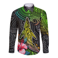 Polynesian Long Sleeve Button Shirt Whales and Compass Gradient Pattern - Wonder Print Shop