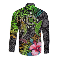 Polynesian Long Sleeve Button Shirt Whales and Compass Gradient Pattern - Wonder Print Shop