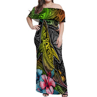 Polynesian Off Shoulder Maxi Dress Whales and Compass Gradient Pattern - Wonder Print Shop