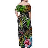 Polynesian Off Shoulder Maxi Dress Whales and Compass Gradient Pattern - Wonder Print Shop