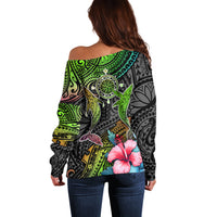 Polynesian Off Shoulder Sweater Whales and Compass Gradient Pattern - Wonder Print Shop