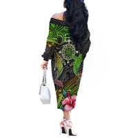 Polynesian Off The Shoulder Long Sleeve Dress Whales and Compass Gradient Pattern - Wonder Print Shop