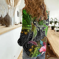 Polynesian Women Casual Shirt Whales and Compass Gradient Pattern - Wonder Print Shop