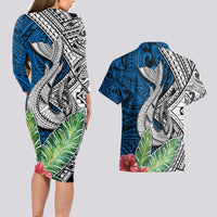 Polynesian Couples Matching Long Sleeve Bodycon Dress and Hawaiian Shirt Whale Pattern and Hibiscus Flowers - Wonder Print Shop