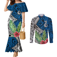 polynesian-couples-matching-mermaid-dress-and-long-sleeve-button-shirts-whale-pattern-and-hibiscus-flowers