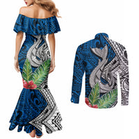 polynesian-couples-matching-mermaid-dress-and-long-sleeve-button-shirts-whale-pattern-and-hibiscus-flowers