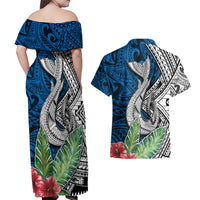 Polynesian Couples Matching Off Shoulder Maxi Dress and Hawaiian Shirt Whale Pattern and Hibiscus Flowers - Wonder Print Shop