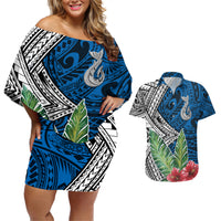 Polynesian Couples Matching Off Shoulder Short Dress and Hawaiian Shirt Whale Pattern and Hibiscus Flowers - Wonder Print Shop
