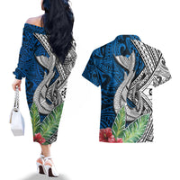 Polynesian Couples Matching Off The Shoulder Long Sleeve Dress and Hawaiian Shirt Whale Pattern and Hibiscus Flowers - Wonder Print Shop