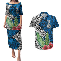 Polynesian Couples Matching Puletasi Dress and Hawaiian Shirt Whale Pattern and Hibiscus Flowers - Wonder Print Shop