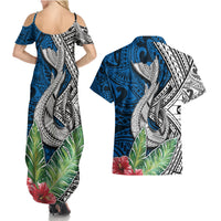 Polynesian Couples Matching Summer Maxi Dress and Hawaiian Shirt Whale Pattern and Hibiscus Flowers - Wonder Print Shop