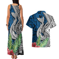 Polynesian Couples Matching Tank Maxi Dress and Hawaiian Shirt Whale Pattern and Hibiscus Flowers - Wonder Print Shop