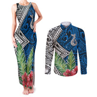 Polynesian Couples Matching Tank Maxi Dress and Long Sleeve Button Shirts Whale Pattern and Hibiscus Flowers - Wonder Print Shop
