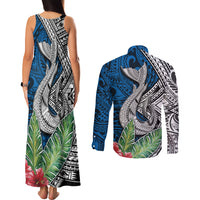Polynesian Couples Matching Tank Maxi Dress and Long Sleeve Button Shirts Whale Pattern and Hibiscus Flowers - Wonder Print Shop