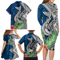 Polynesian Family Matching Long Sleeve Bodycon Dress and Hawaiian Shirt Whale Pattern and Hibiscus Flowers - Wonder Print Shop