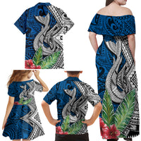Polynesian Family Matching Off Shoulder Maxi Dress and Hawaiian Shirt Whale Pattern and Hibiscus Flowers - Wonder Print Shop