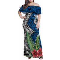 Polynesian Family Matching Off Shoulder Maxi Dress and Hawaiian Shirt Whale Pattern and Hibiscus Flowers - Wonder Print Shop