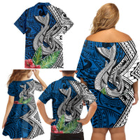Polynesian Family Matching Off Shoulder Short Dress and Hawaiian Shirt Whale Pattern and Hibiscus Flowers - Wonder Print Shop