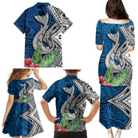 Polynesian Family Matching Puletasi Dress and Hawaiian Shirt Whale Pattern and Hibiscus Flowers - Wonder Print Shop
