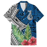 Blue Hawaiian shirt with whale print and hibiscus flowers, short sleeves, button front
