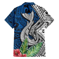 Multicolor Hawaiian shirt with whale illustration and geometric black-and-white accents