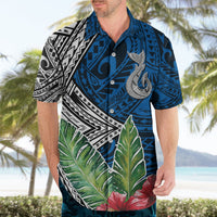 Blue Hawaiian shirt with whale and hibiscus floral print, short-sleeve button-up