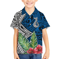 Kids blue Hawaiian shirt with whale and hibiscus print, short sleeves, button front