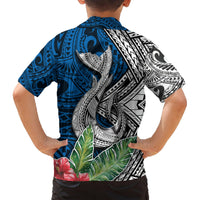 Kids Hawaiian shirt back view with large whale print and tropical hibiscus accents