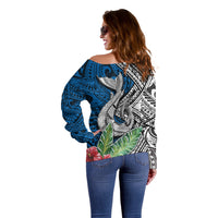 Polynesian Off Shoulder Sweater Whale Pattern and Hibiscus Flowers - Wonder Print Shop