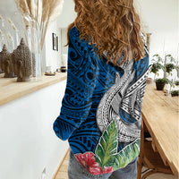 Polynesian Women Casual Shirt Whale Pattern and Hibiscus Flowers - Wonder Print Shop