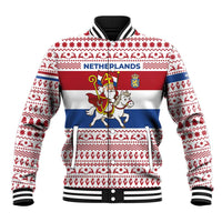 Netherlands Christmas Baseball Jacket with Sinterklaas Horse Dutch Flag and Festive Knit Pattern - Wonder Print Shop