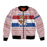 Netherlands Christmas Bomber Jacket with Sinterklaas Horse Dutch Flag and Festive Knit Pattern - Wonder Print Shop