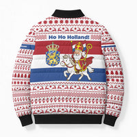 Netherlands Christmas Bomber Puffer Jacket with Sinterklaas Horse Dutch Flag and Festive Knit Pattern - Wonder Print Shop