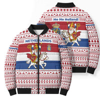 Netherlands Christmas Bomber Puffer Jacket with Sinterklaas Horse Dutch Flag and Festive Knit Pattern - Wonder Print Shop