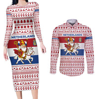Netherlands Christmas Couples Matching Long Sleeve Bodycon Dress and Long Sleeve Button Shirt with Sinterklaas Horse Dutch Flag and Festive Knit Pattern - Wonder Print Shop