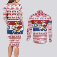 Netherlands Christmas Couples Matching Long Sleeve Bodycon Dress and Long Sleeve Button Shirt with Sinterklaas Horse Dutch Flag and Festive Knit Pattern - Wonder Print Shop