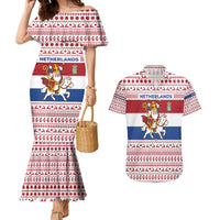 Netherlands Christmas Couples Matching Mermaid Dress and Hawaiian Shirt with Sinterklaas Horse Dutch Flag and Festive Knit Pattern - Wonder Print Shop