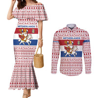 Netherlands Christmas Couples Matching Mermaid Dress and Long Sleeve Button Shirt with Sinterklaas Horse Dutch Flag and Festive Knit Pattern - Wonder Print Shop