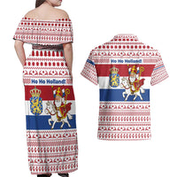Netherlands Christmas Couples Matching Off Shoulder Maxi Dress and Hawaiian Shirt with Sinterklaas Horse Dutch Flag and Festive Knit Pattern - Wonder Print Shop