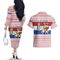 Netherlands Christmas Couples Matching Off The Shoulder Long Sleeve Dress and Hawaiian Shirt with Sinterklaas Horse Dutch Flag and Festive Knit Pattern - Wonder Print Shop