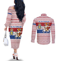 Netherlands Christmas Couples Matching Off The Shoulder Long Sleeve Dress and Long Sleeve Button Shirt with Sinterklaas Horse Dutch Flag and Festive Knit Pattern - Wonder Print Shop
