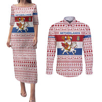 Netherlands Christmas Couples Matching Puletasi and Long Sleeve Button Shirt with Sinterklaas Horse Dutch Flag and Festive Knit Pattern - Wonder Print Shop