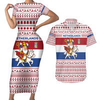 Netherlands Christmas Couples Matching Short Sleeve Bodycon Dress and Hawaiian Shirt with Sinterklaas Horse Dutch Flag and Festive Knit Pattern - Wonder Print Shop