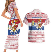 Netherlands Christmas Couples Matching Short Sleeve Bodycon Dress and Hawaiian Shirt with Sinterklaas Horse Dutch Flag and Festive Knit Pattern - Wonder Print Shop