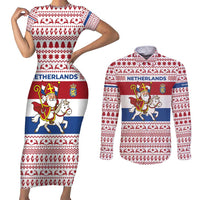 Netherlands Christmas Couples Matching Short Sleeve Bodycon Dress and Long Sleeve Button Shirt with Sinterklaas Horse Dutch Flag and Festive Knit Pattern - Wonder Print Shop