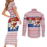 Netherlands Christmas Couples Matching Short Sleeve Bodycon Dress and Long Sleeve Button Shirt with Sinterklaas Horse Dutch Flag and Festive Knit Pattern - Wonder Print Shop