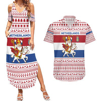 Netherlands Christmas Couples Matching Summer Maxi Dress and Hawaiian Shirt with Sinterklaas Horse Dutch Flag and Festive Knit Pattern - Wonder Print Shop