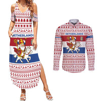 Netherlands Christmas Couples Matching Summer Maxi Dress and Long Sleeve Button Shirt with Sinterklaas Horse Dutch Flag and Festive Knit Pattern - Wonder Print Shop