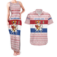 Netherlands Christmas Couples Matching Tank Maxi Dress and Hawaiian Shirt with Sinterklaas Horse Dutch Flag and Festive Knit Pattern - Wonder Print Shop