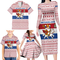 Netherlands Christmas Family Matching Long Sleeve Bodycon Dress and Hawaiian Shirt with Sinterklaas Horse Dutch Flag and Festive Knit Pattern - Wonder Print Shop